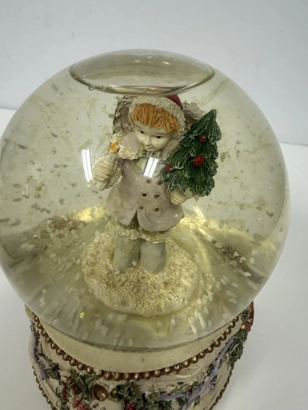 Vintage Christmas Angel Snow Globe Musical Box Holioday Decor Violin Holly Base
